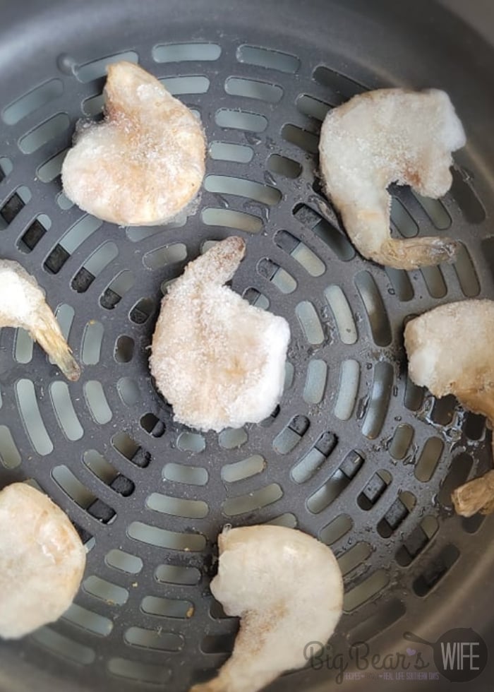 Single Layer of Frozen Shrimp in air fryer basket