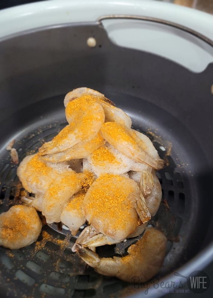 Old bay seasoning on Frozen chunk of raw shrimp in air fryer