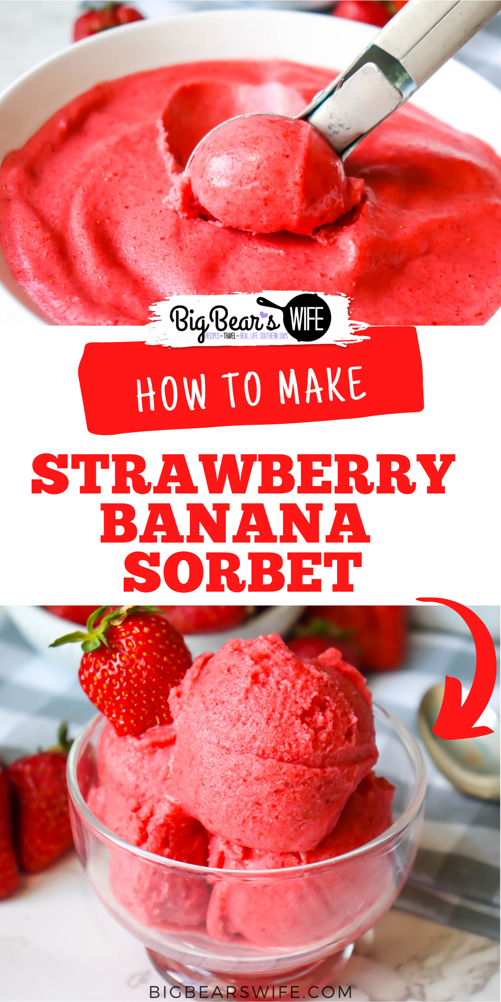 We love making Strawberry Banana Sorbet in the summer with fresh summer strawberries! This homemade sorbet is full of summer strawberries, fresh banana and local honey! via @bigbearswife