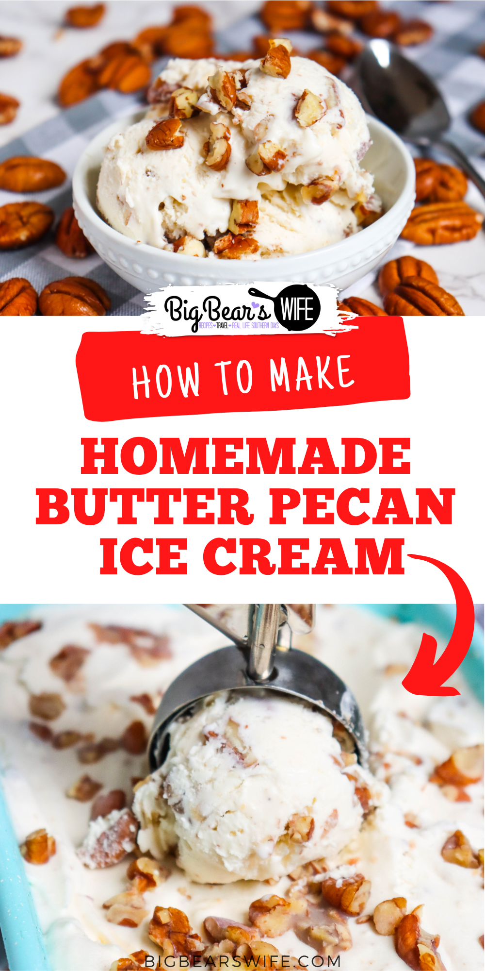 Butter Pecan Ice Cream - Homemade Butter Pecan Ice Cream with a creamy butter vanilla ice cream based filled with toasted buttered pecans!  via @bigbearswife