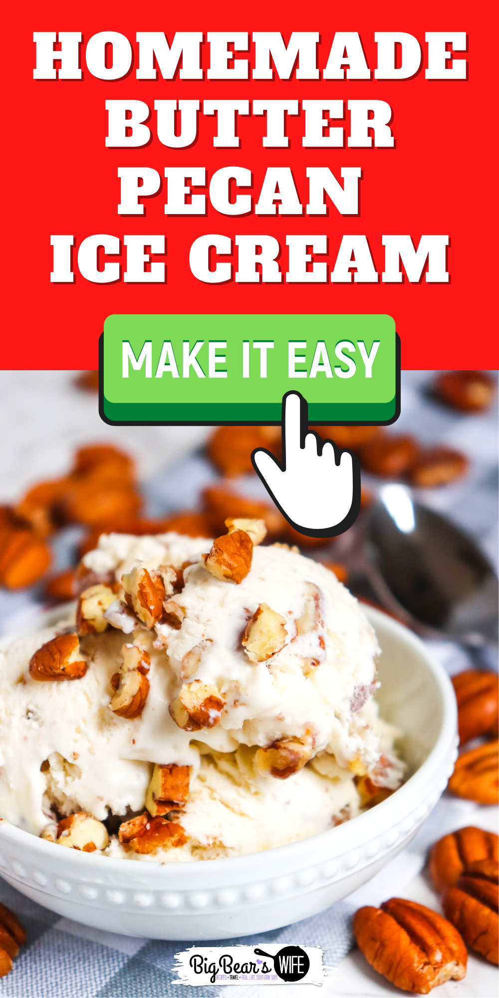 Butter Pecan Ice Cream - Homemade Butter Pecan Ice Cream with a creamy butter vanilla ice cream based filled with toasted buttered pecans!  via @bigbearswife