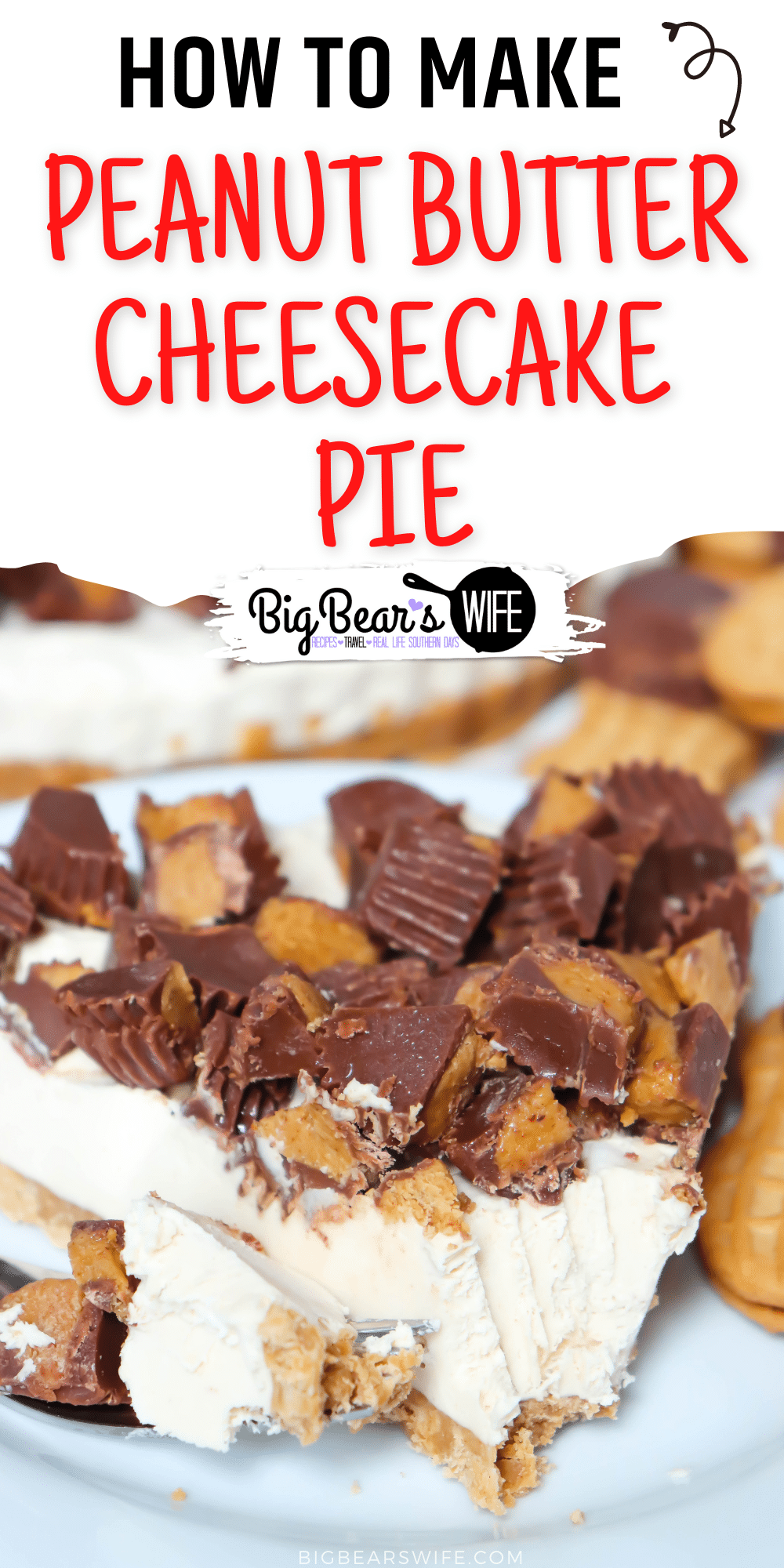 This Frozen Peanut Butter Cheesecake is the perfect chilly dessert to enjoy after your meal or for a special occasion! It has peanut butter cookie crust, homemade peanut butter cheesecake filling and it is topped with chopped peanut butter cups! via @bigbearswife