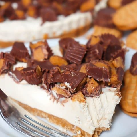 This Frozen Peanut Butter Cheesecake is the perfect chilly dessert to enjoy after your meal or for a special occasion! It has peanut butter cookie crust, homemade peanut butter cheesecake filling and it is topped with chopped peanut butter cups!