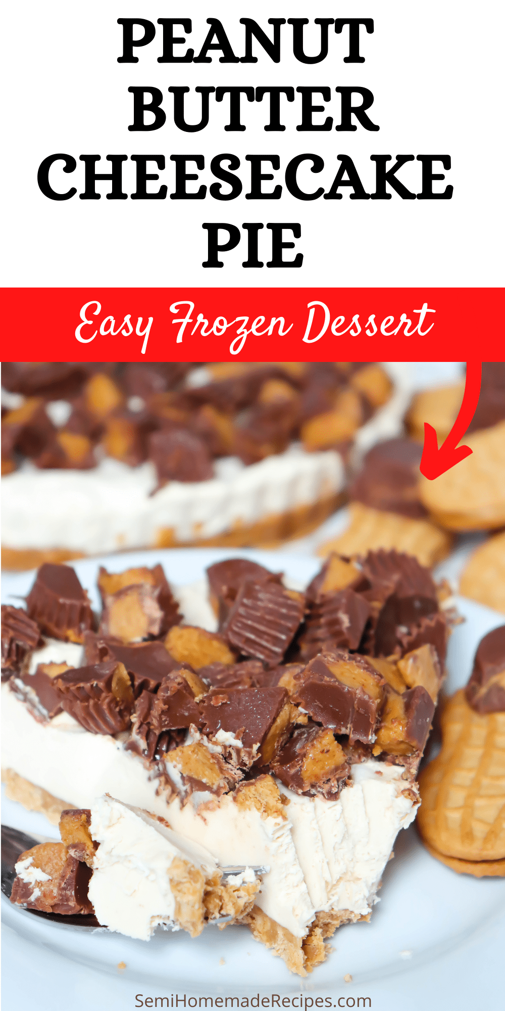 This Frozen Peanut Butter Cheesecake is the perfect chilly dessert to enjoy after your meal or for a special occasion! It has peanut butter cookie crust, homemade peanut butter cheesecake filling and it is topped with chopped peanut butter cups! via @bigbearswife