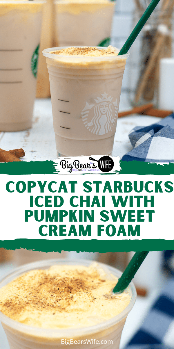 This Copycat Starbucks Iced Chai with Pumpkin Sweet Cream Foam is so easy to make and it's the perfect coffee house drink to make to make at home.  via @bigbearswife