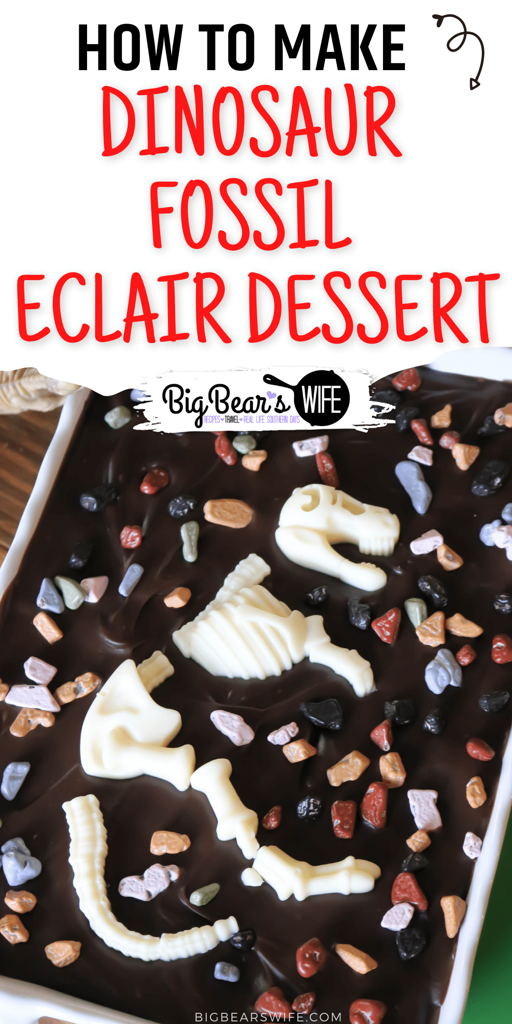 This fun dessert is prefect for a dinosaur birthday or just a cute dessert for anyone that loves dinosaurs! You'll love how easy this Dinosaur Fossil Eclair Dessert is to make! via @bigbearswife