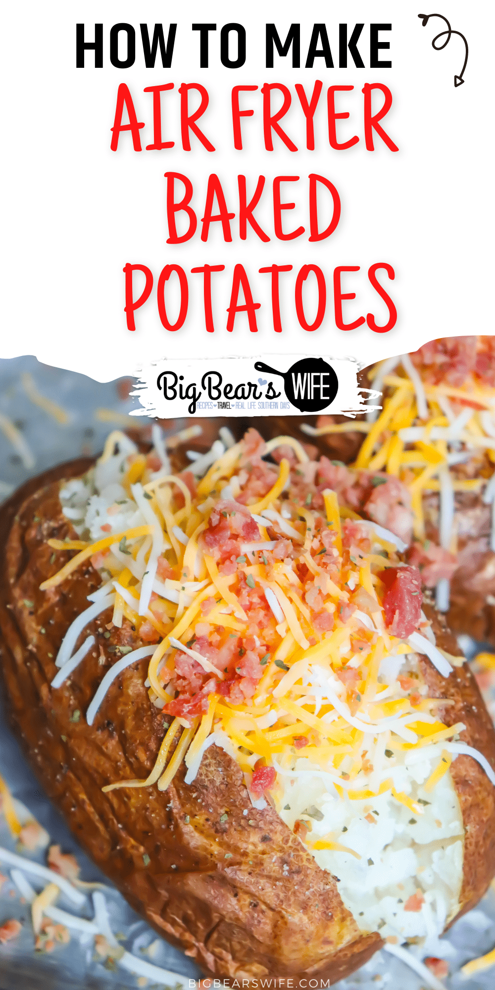 You're going to love these air fryer baked potatoes! The potato skins come out crisp but you still get that perfect fluffy baked potato center! Great with all of your favorite baked potato toppings like: butter, cheese, bacon or sour cream!  via @bigbearswife