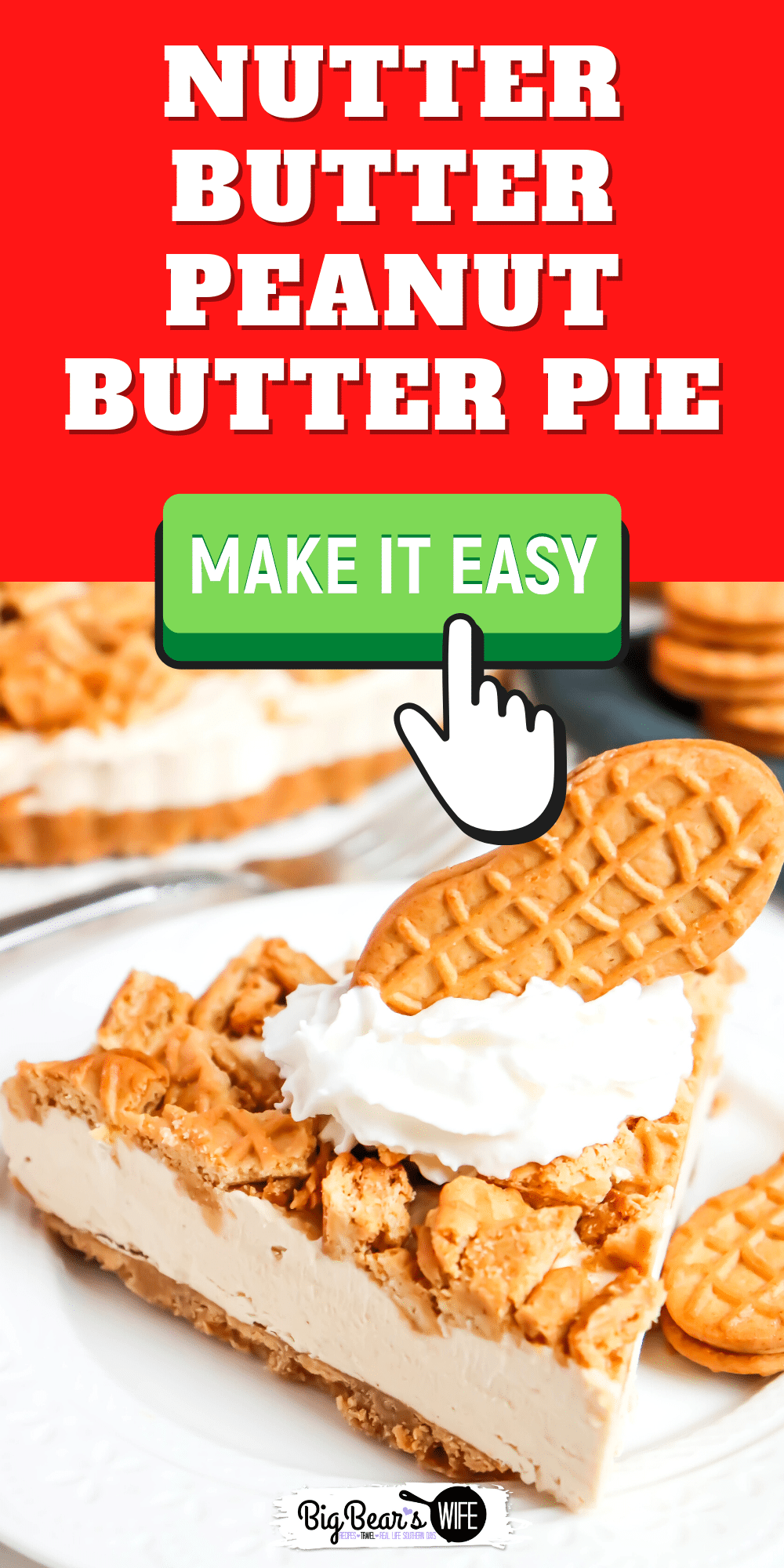 This pie is what peanut butter lovers dream about! Homemade Nutter Butter Peanut Butter pie is packed with peanut butter and has a Nutter Butter crust and topping! via @bigbearswife