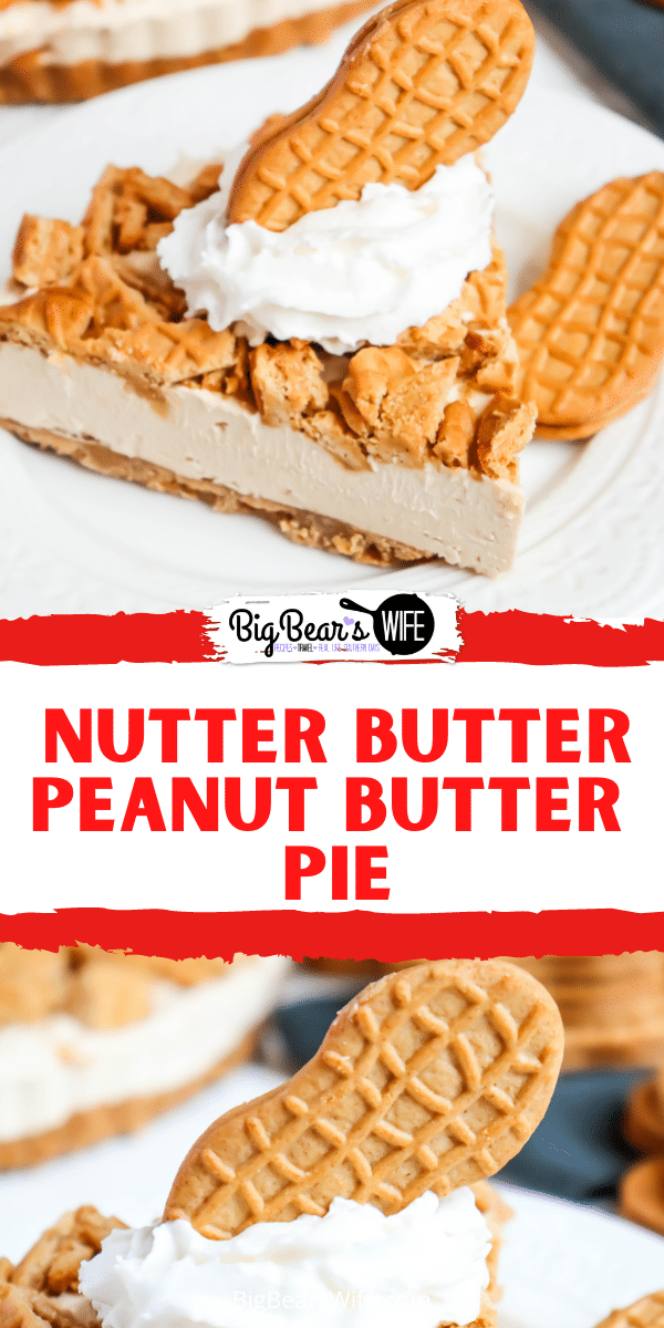This pie is what peanut butter lovers dream about! Homemade Nutter Butter Peanut Butter pie is packed with peanut butter and has a Nutter Butter crust and topping! via @bigbearswife