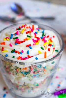 Time to celebrate a birthday? These fun Birthday Cake Parfaits are perfect for birthday celebrations! Super easy to make and full of that classic birthday cake flavor and rainbow sprinkles! 