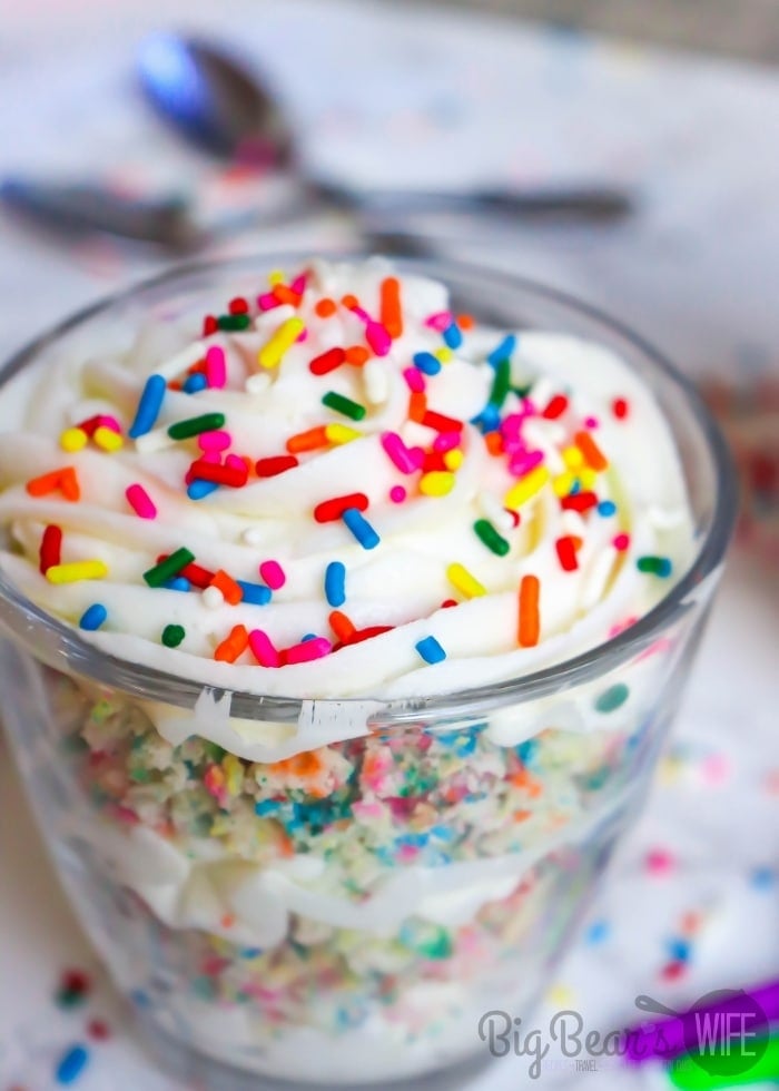 Time to celebrate a birthday? These fun Birthday Cake Parfaits are perfect for birthday celebrations! Super easy to make and full of that classic birthday cake flavor and rainbow sprinkles! 