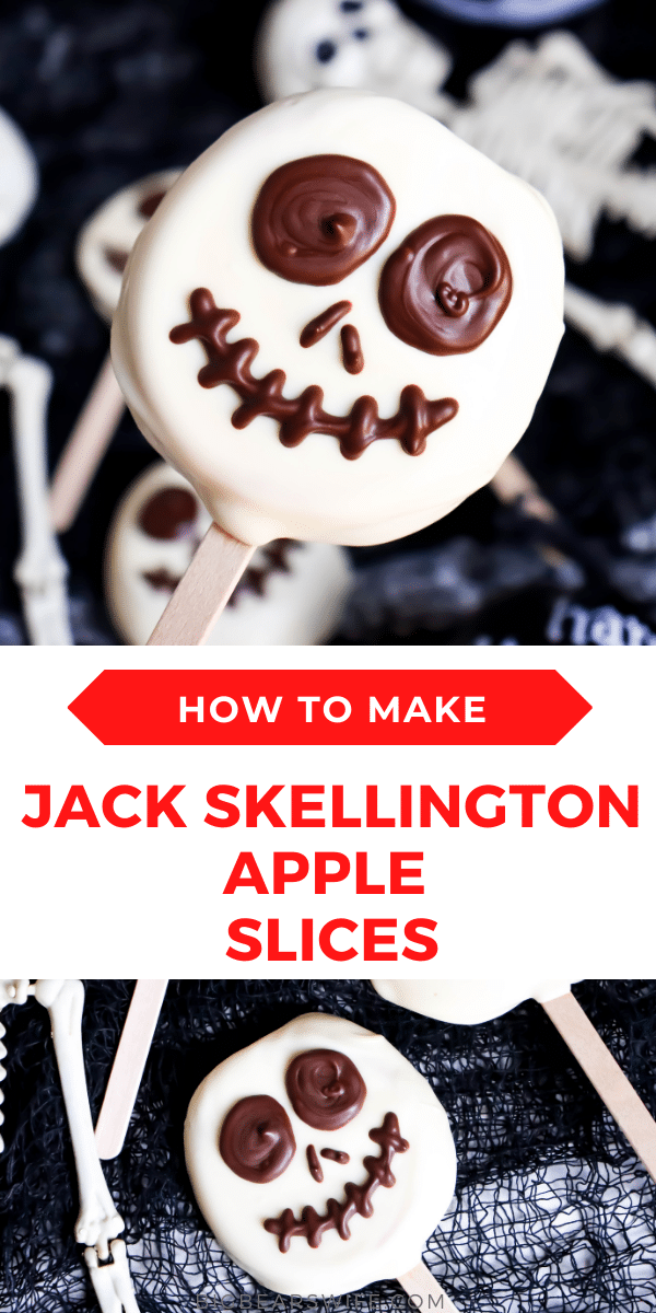 Jack Skellington Apple Slices - Apple slices stuck on a popsicle stick and then dipped in white chocolate candy coating before getting a fun chocolate Jack Skellington face pipped on!  via @bigbearswife