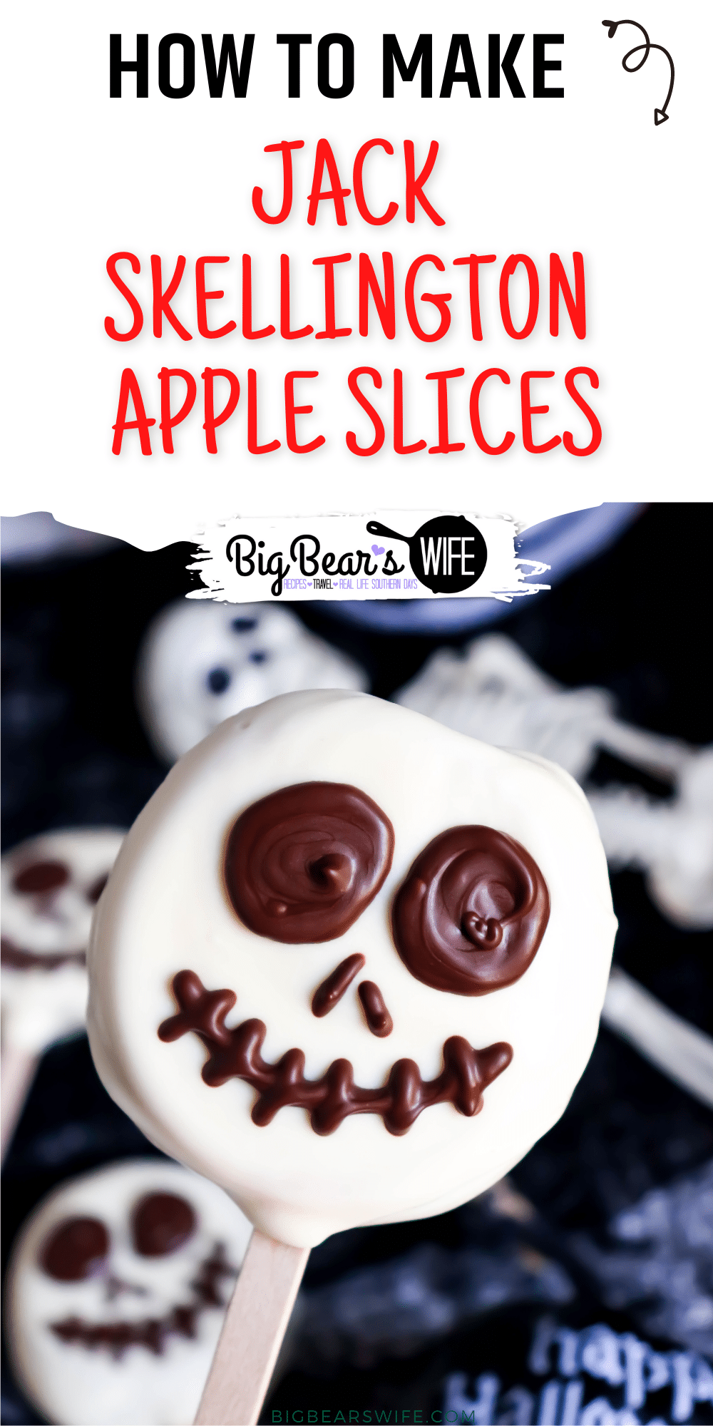 Jack Skellington Apple Slices - Apple slices stuck on a popsicle stick and then dipped in white chocolate candy coating before getting a fun chocolate Jack Skellington face pipped on!  via @bigbearswife