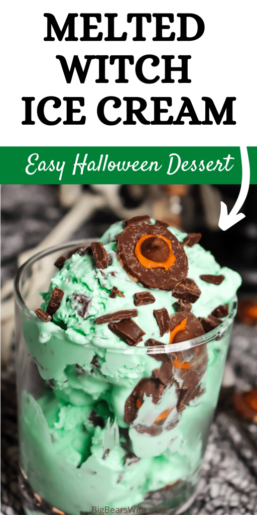 Melted Witch Ice Cream - a homemade, creamy mint chocolate chip ice cream that is perfect for Halloween because it is topped with mini cookie witch hats!
