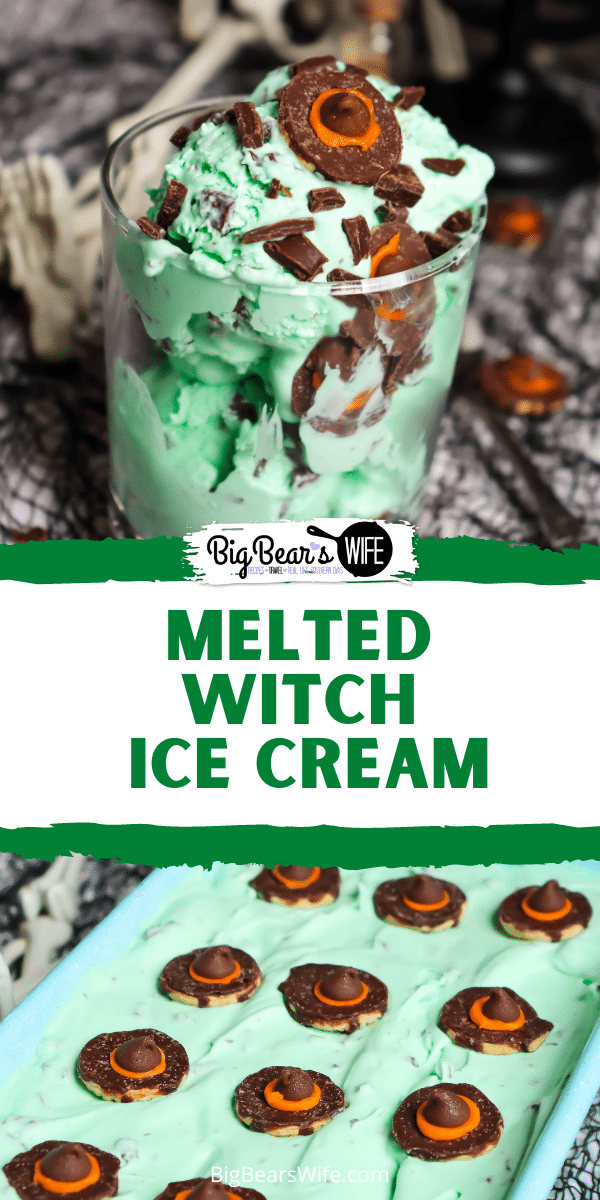 Melted Witch Ice Cream - a homemade, creamy mint chocolate chip ice cream that is perfect for Halloween because it is topped with mini cookie witch hats!  via @bigbearswife