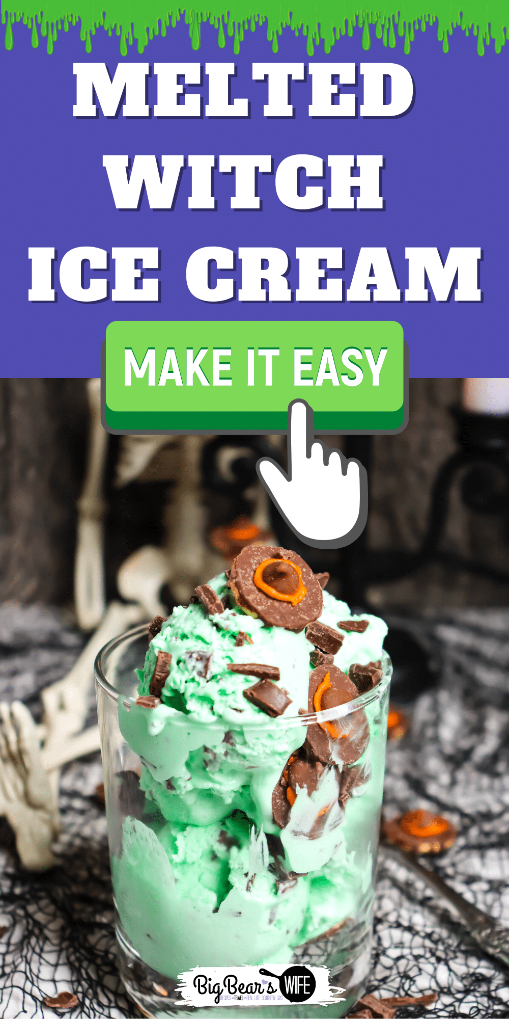 Melted Witch Ice Cream - a homemade, creamy mint chocolate chip ice cream that is perfect for Halloween because it is topped with mini cookie witch hats!  via @bigbearswife