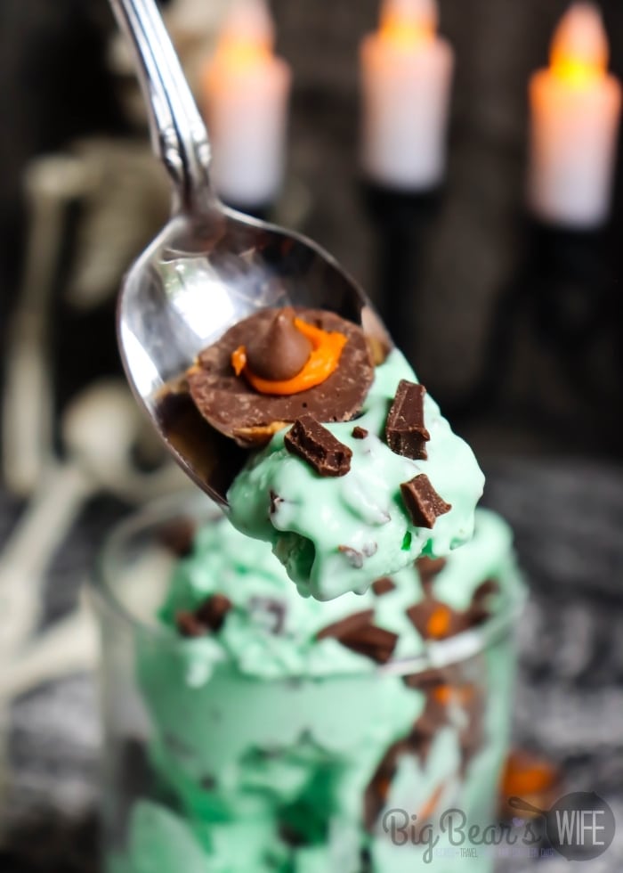 Spoonful of MELTED WITCH ICE CREAM in glass