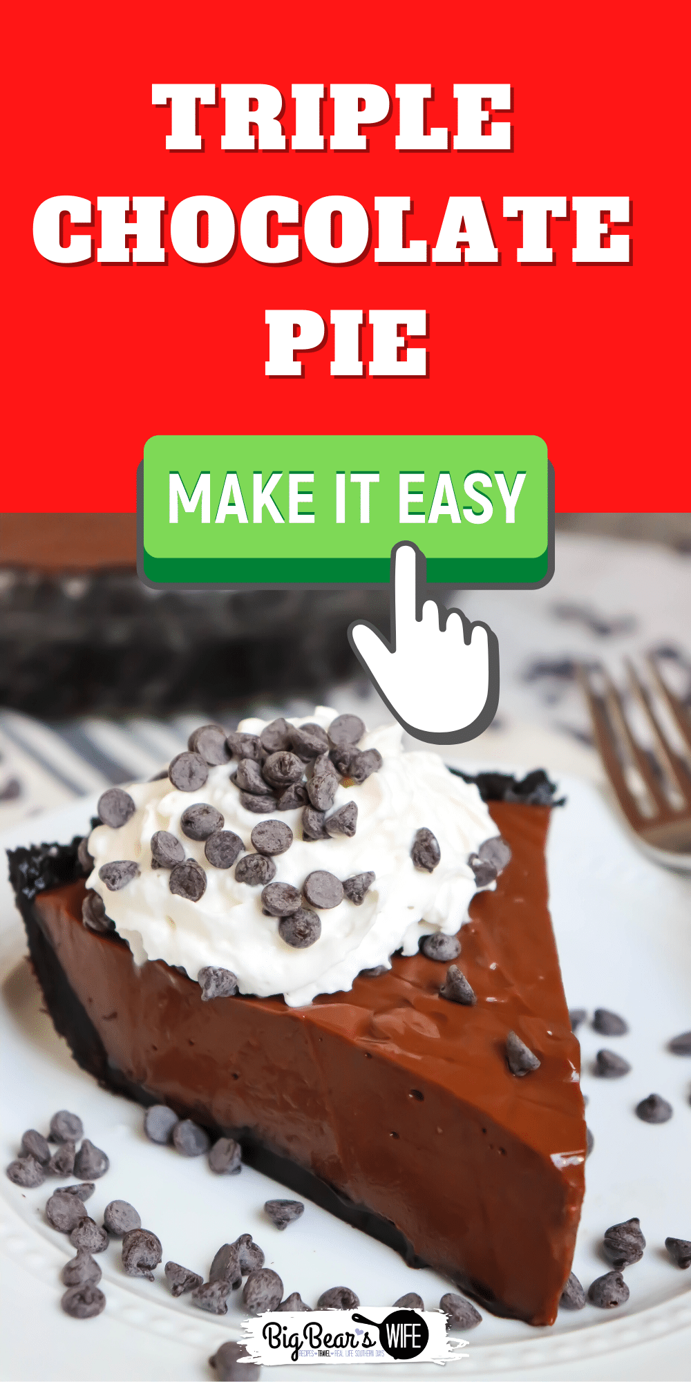 Triple Chocolate Pie - A homemade, creamy and amazing chocolate pie that has a chocolate cookie crust, chocolate pie filling and topped with lots of mini chocolate chips!  via @bigbearswife