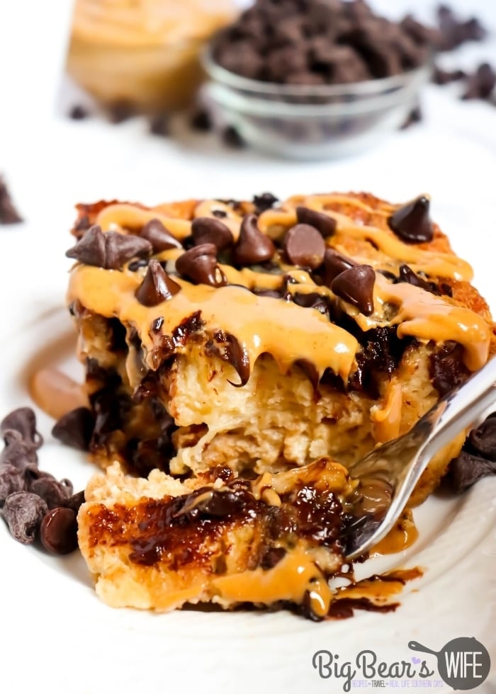 BITE of Peanut Butter Chocolate Bread Pudding with melted Peanut butter