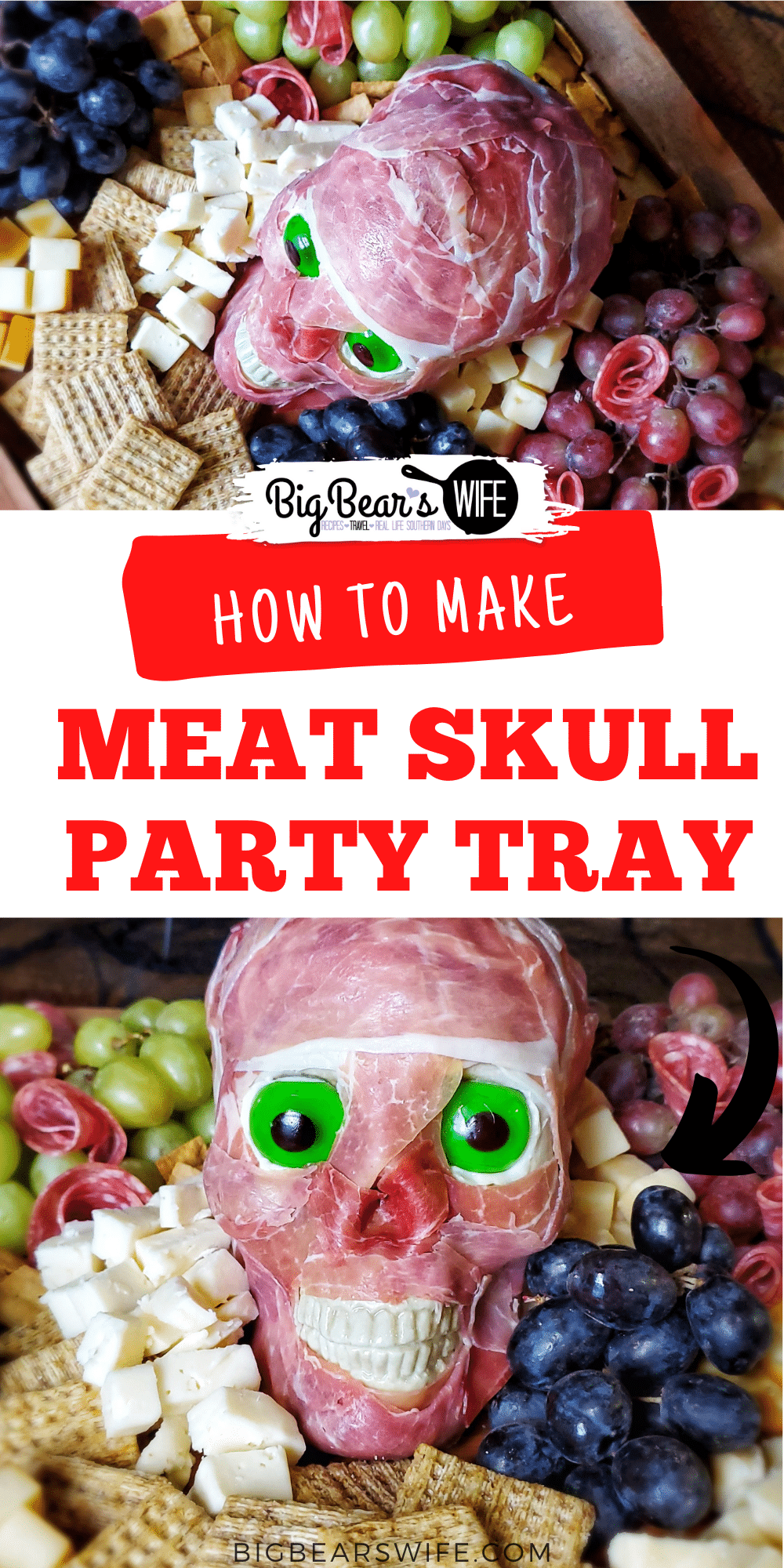 Easy Meat Skull Party Tray - a Halloween charcuterie board with a scary skull covered in prosciutto, surrounded by grapes, cheese and salami is the perfect board for Halloween! via @bigbearswife