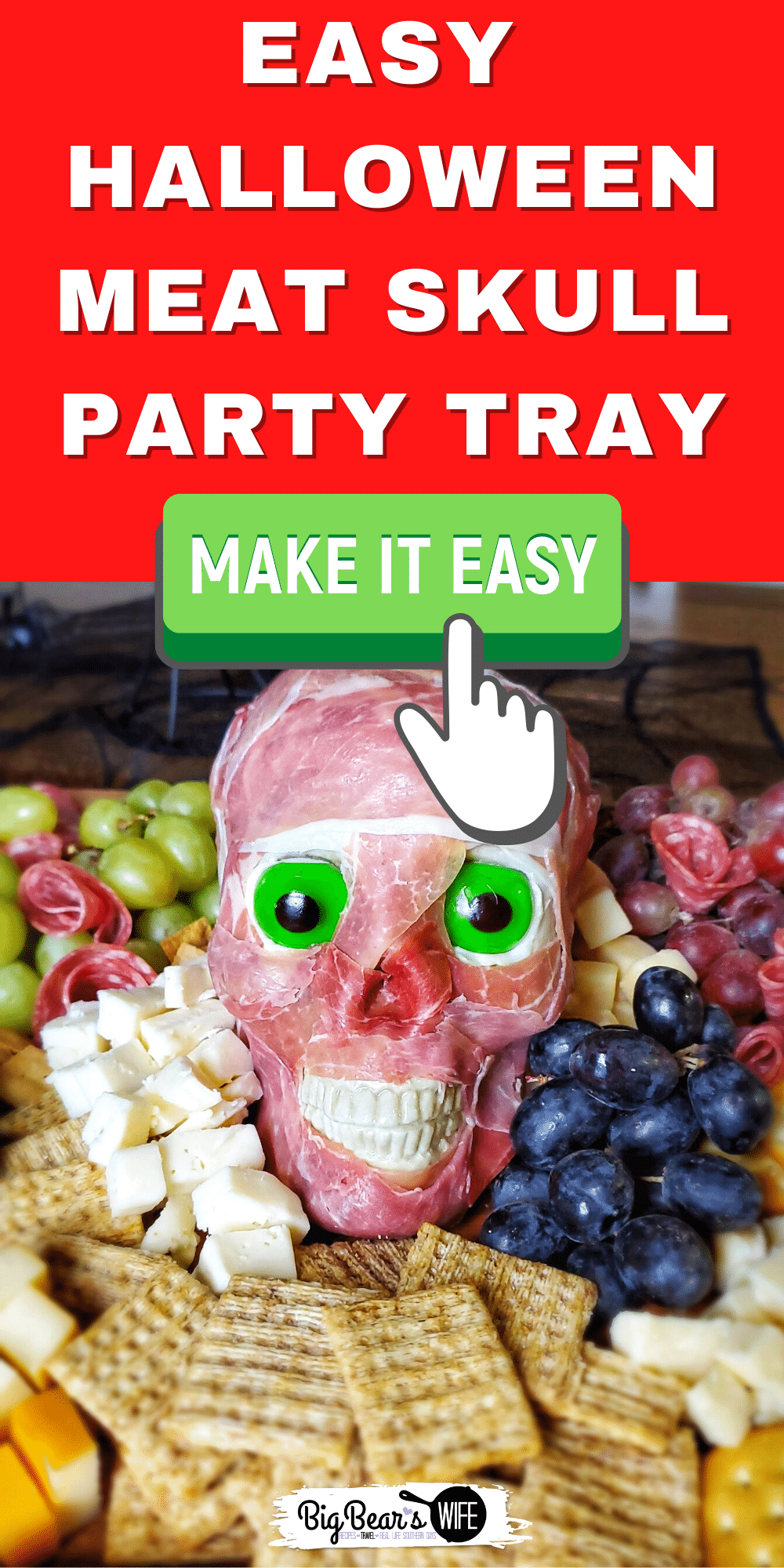 Easy Meat Skull Party Tray - a Halloween charcuterie board with a scary skull covered in prosciutto, surrounded by grapes, cheese and salami is the perfect board for Halloween! via @bigbearswife
