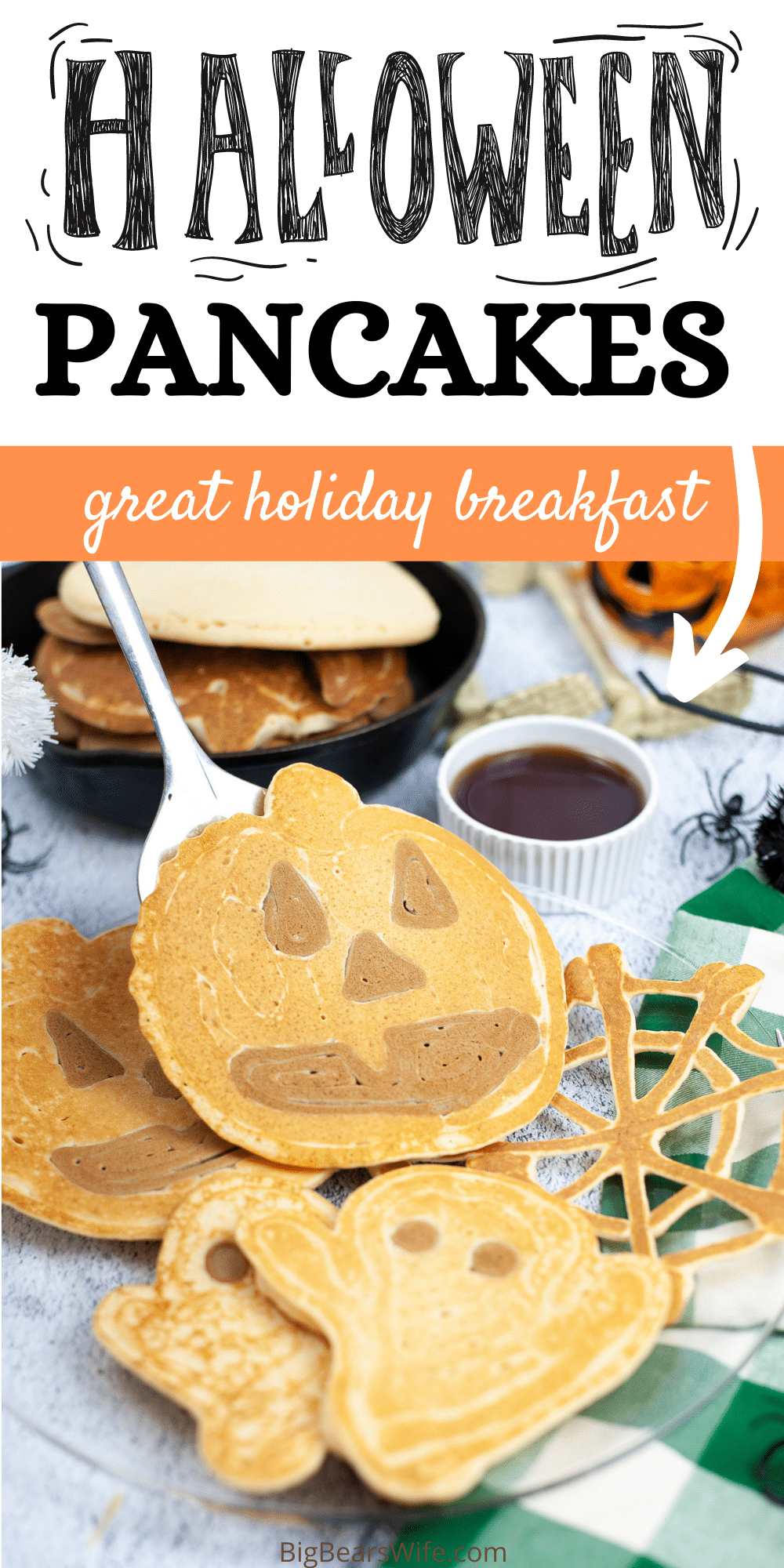 A Halloween breakfast that is perfect for any spooky Monster! These Halloween Pancakes are shaped like ghosts, pumpkins and spiderwebs! via @bigbearswife