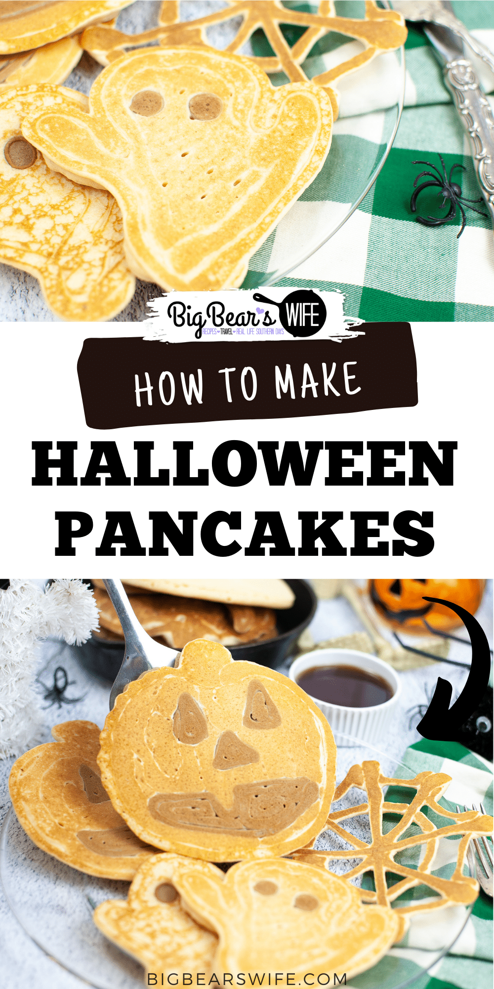 A Halloween breakfast that is perfect for any spooky Monster! These Halloween Pancakes are shaped like ghosts, pumpkins and spiderwebs! via @bigbearswife