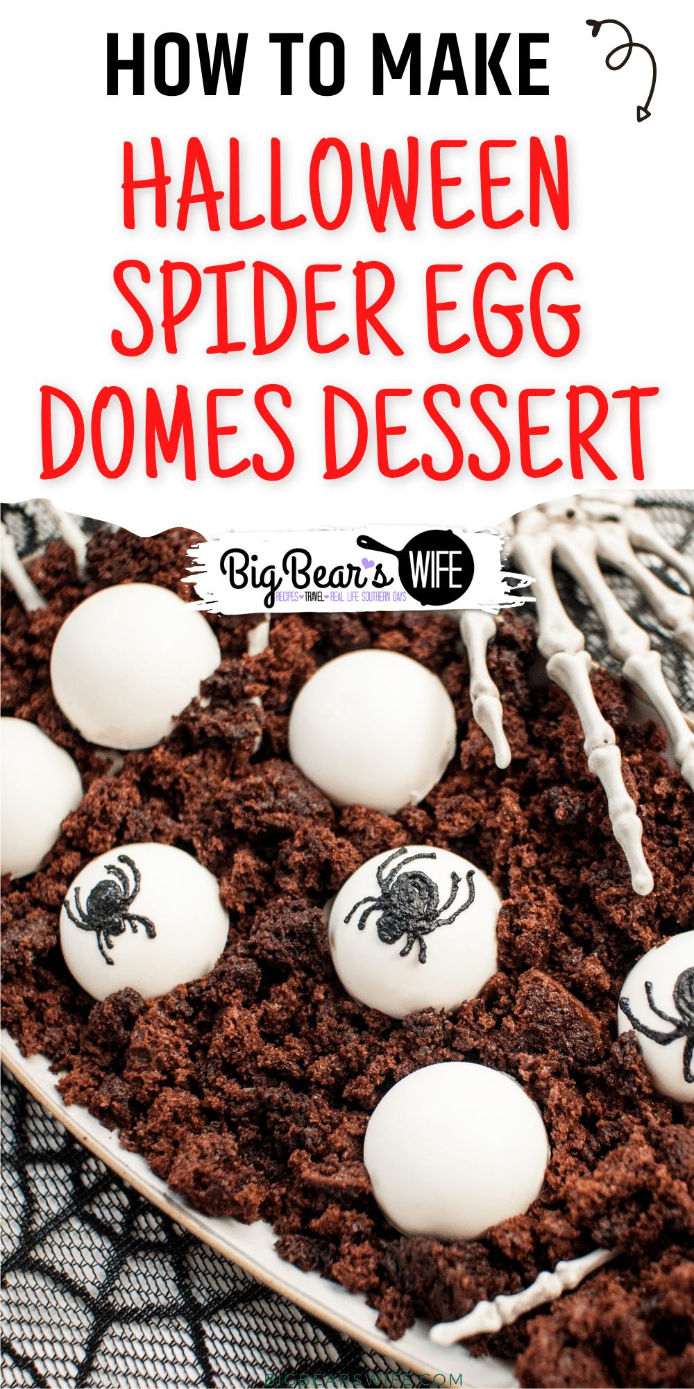 Halloween Spider Egg Domes Dessert - A creepy Halloween dessert, with layers of chocolate cake and dark chocolate mousse! These little bites are covered in white melting chocolate and decorated with black spiders to look like spider eggs. Perfect for Halloween! via @bigbearswife