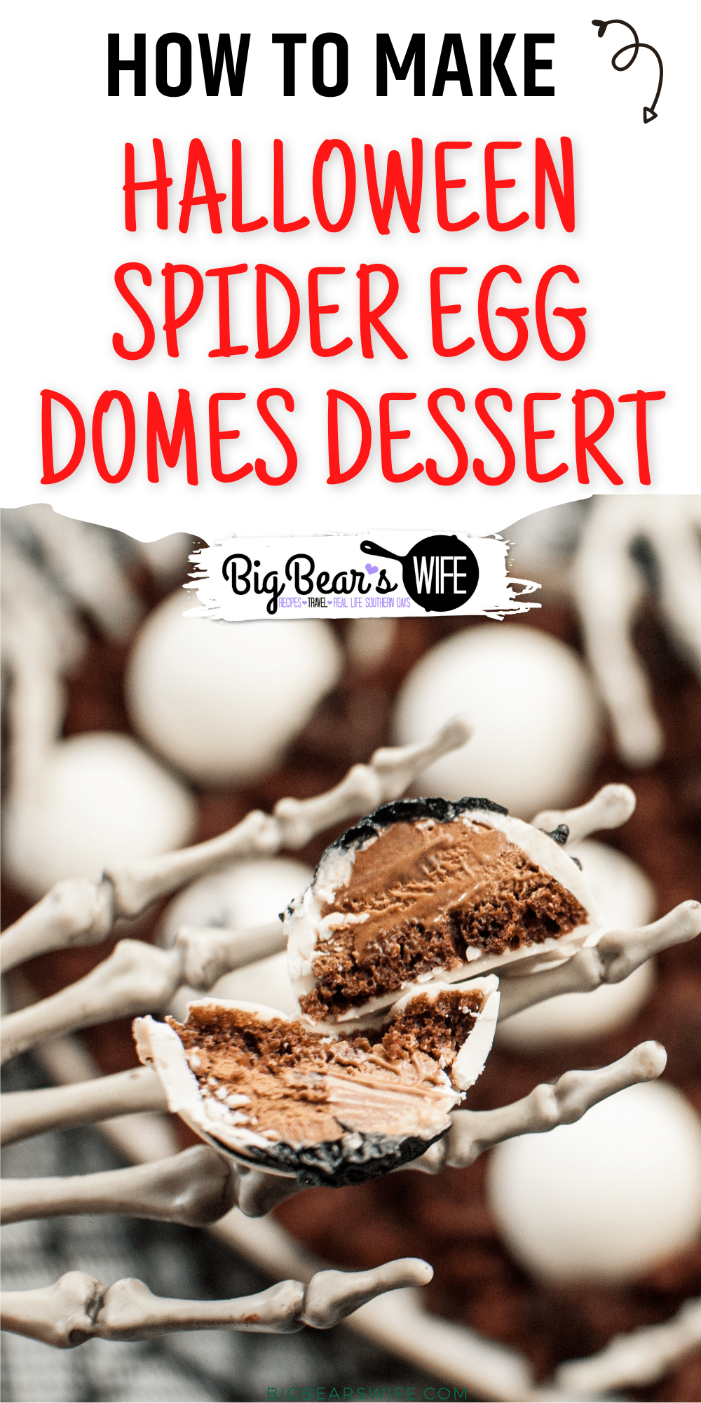 Halloween Spider Egg Domes Dessert - A creepy Halloween dessert, with layers of chocolate cake and dark chocolate mousse! These little bites are covered in white melting chocolate and decorated with black spiders to look like spider eggs. Perfect for Halloween! via @bigbearswife