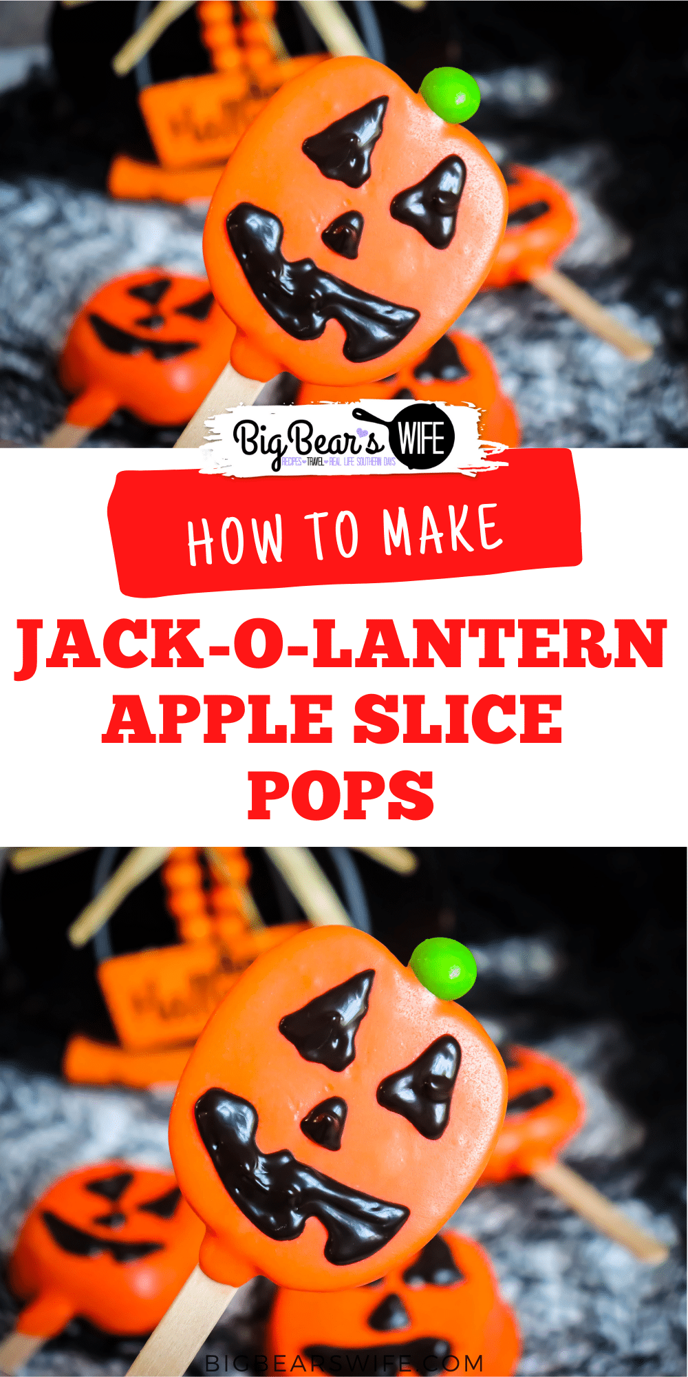  Jack-O-Lantern Apple Slice Pops - sliced apples dipped in melted orange candy coating and decorate to look like fun Jack-O-Lantern pumpkins! Fun and Easy Halloween Idea to make with kids! via @bigbearswife