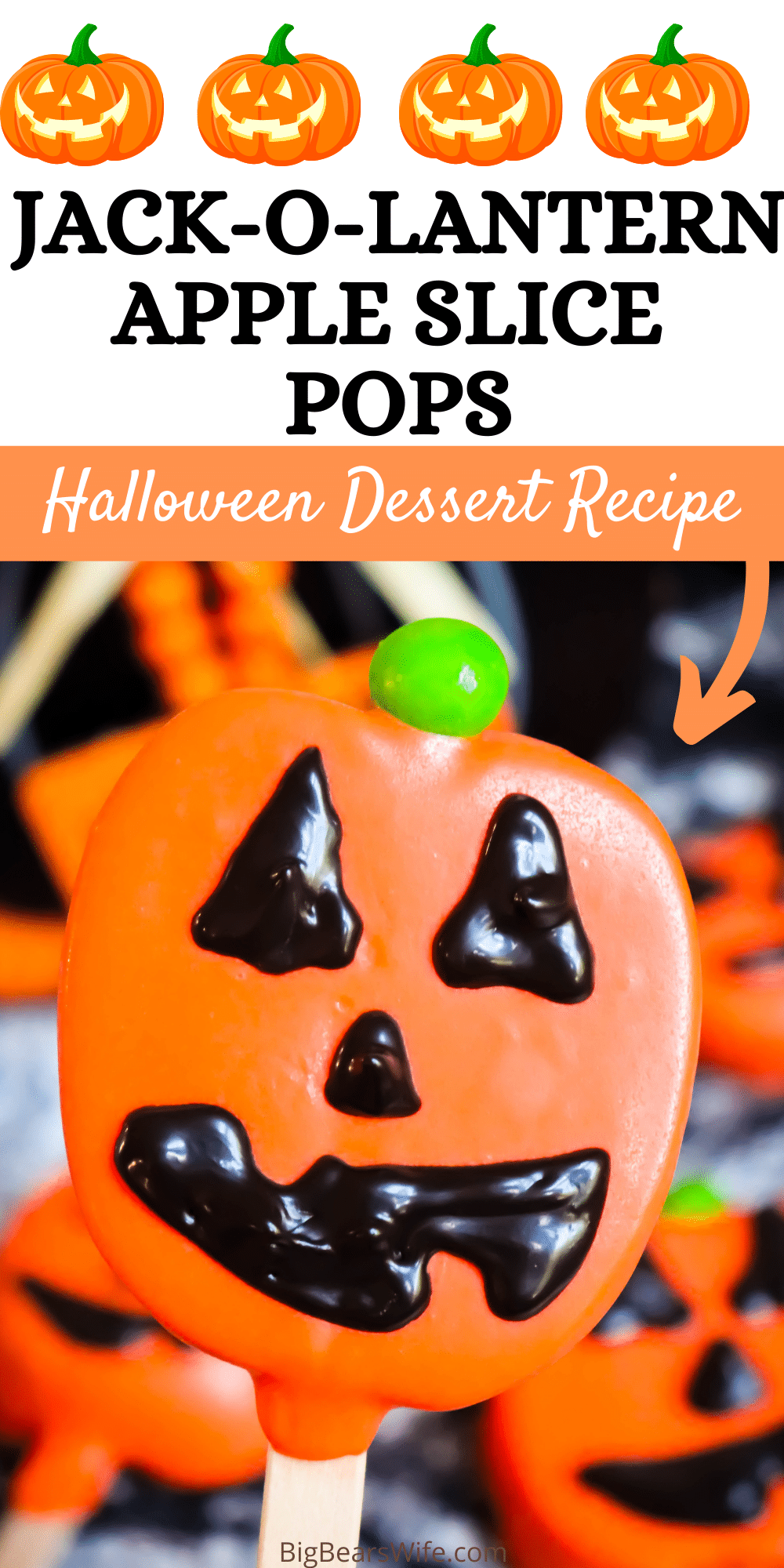 Jack-O-Lantern Apple Slice Pops - sliced apples dipped in melted orange candy coating and decorate to look like fun Jack-O-Lantern pumpkins! Fun and Easy Halloween Idea to make with kids! via @bigbearswife