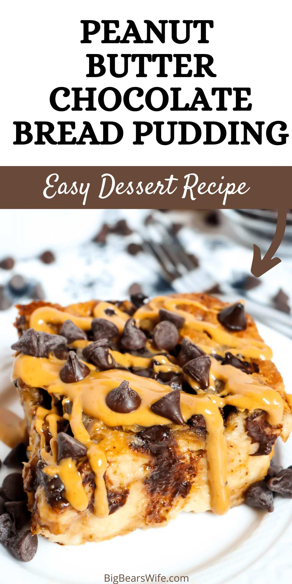 Peanut Butter and Chocolate lovers rejoice! This peanut butter chocolate bread pudding is the perfect dessert with both flavors combined!  via @bigbearswife