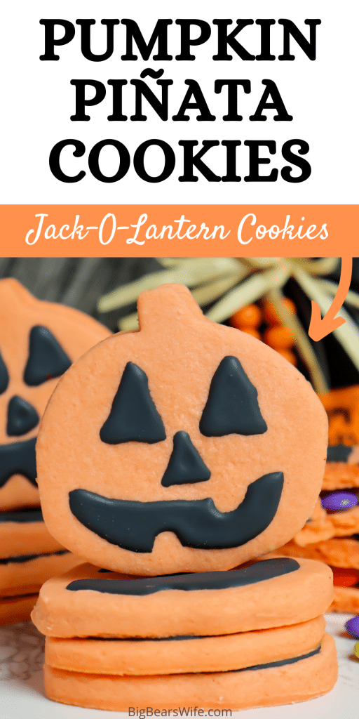 Pumpkin Piñata Cookies - homemade orange sugar cookies stacked together, decorated like Jack-O-Lanterns and filled with Halloween candy!