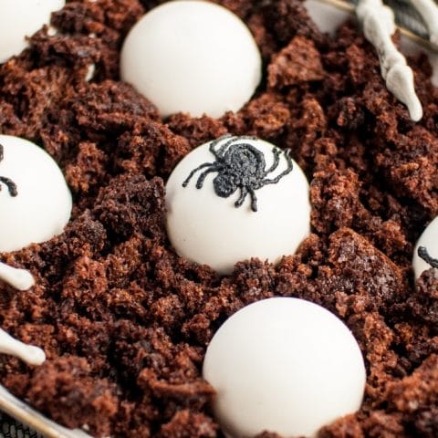 Halloween Spider Egg Domes on crumbled chocolate cake
