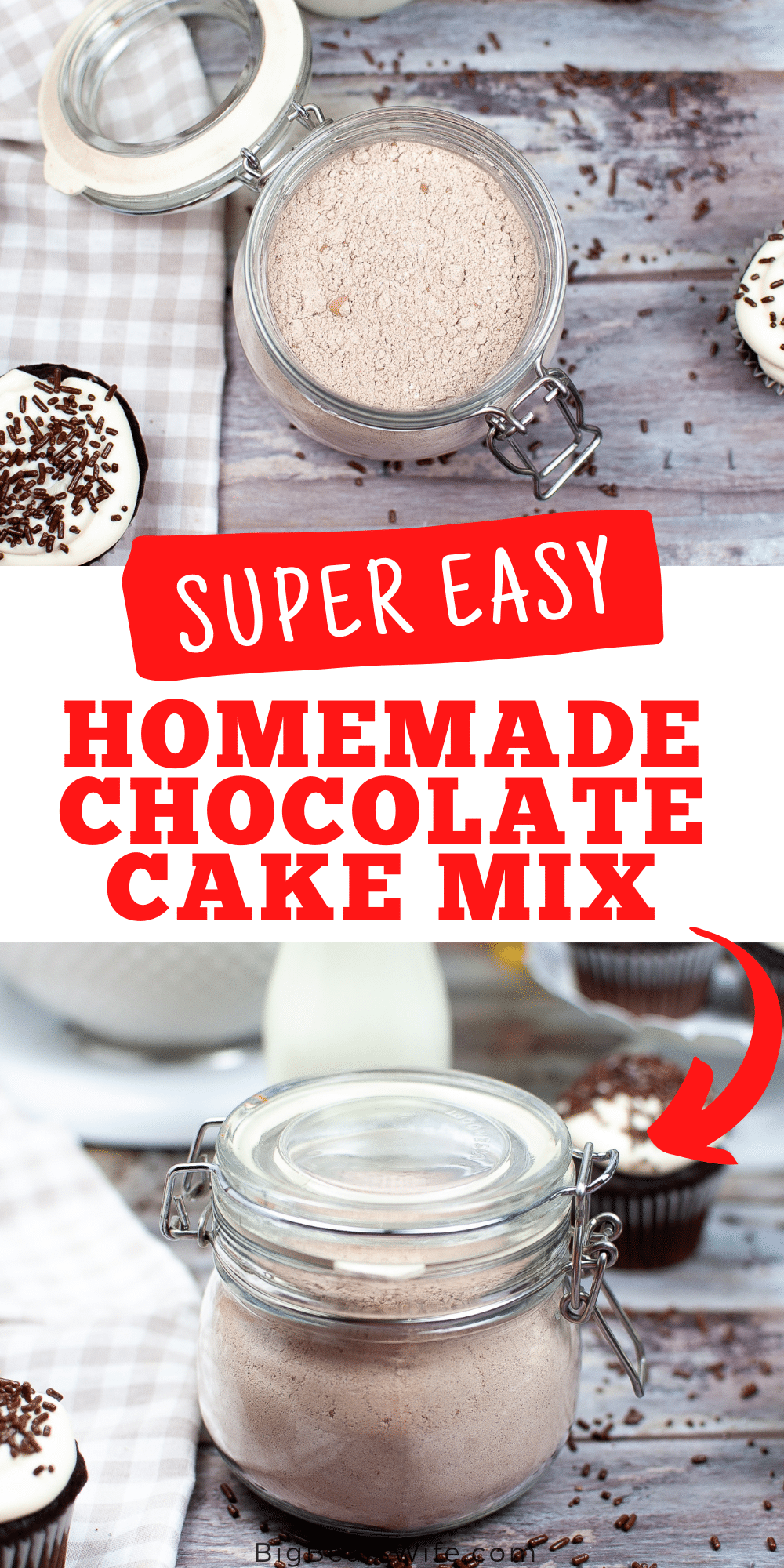 This easy Homemade Chocolate Cake Mix takes 5 minutes to whisk together and it is perfect for keeping on hand in the pantry for those chocolate cupcake cravings or last minute party needs! This mix is just as easy as boxed cake mix but 100% homemade!  via @bigbearswife