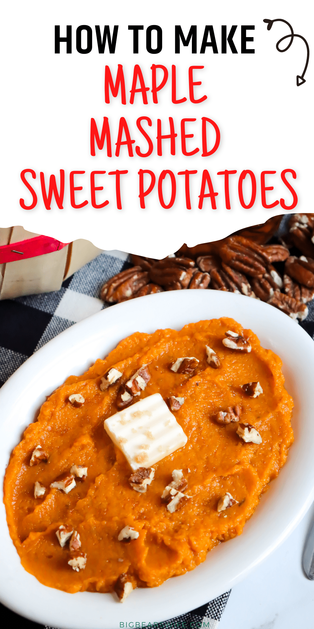 Maple Mashed Sweet Potatoes - roasted sweet potatoes mashed with butter, brown sugar and maple syrup.  via @bigbearswife
