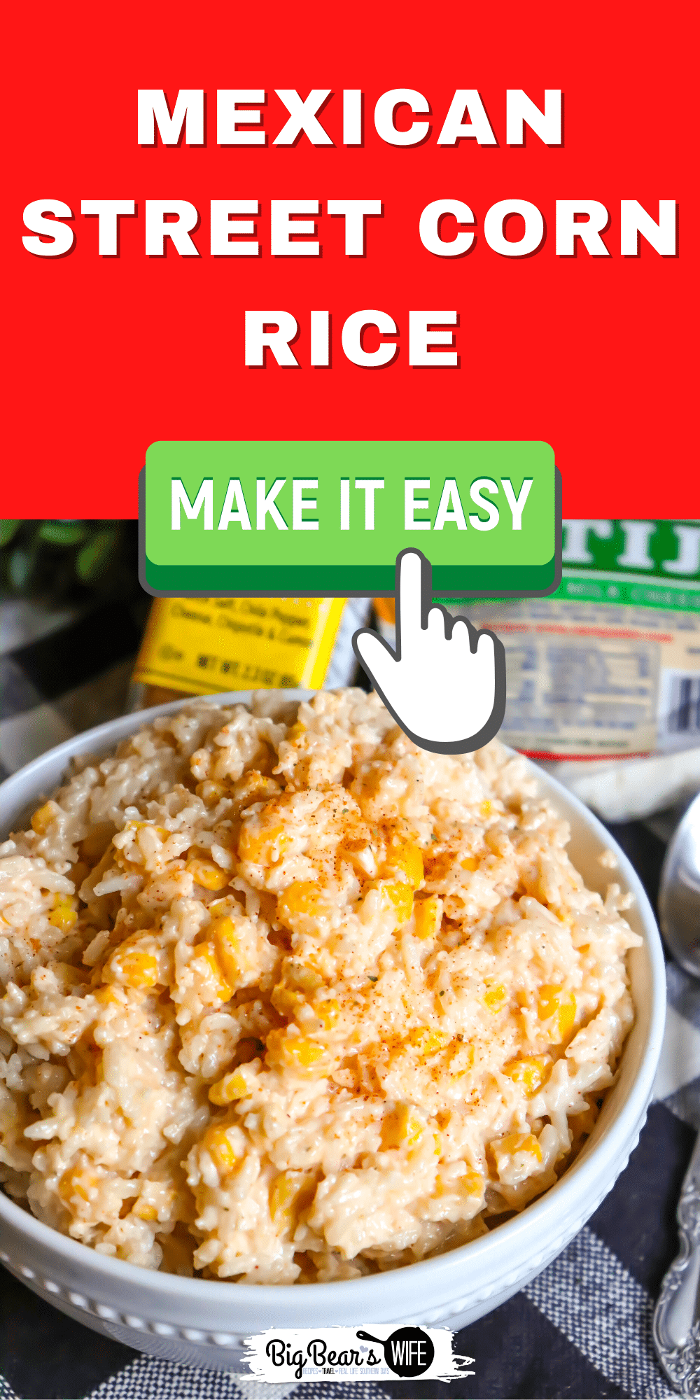 This Mexican Street Corn Rice is inspired by the great flavor of Mexican Elotes aka Mexican Street Corn! A great side dish or an entire meal when you add a protein!  via @bigbearswife
