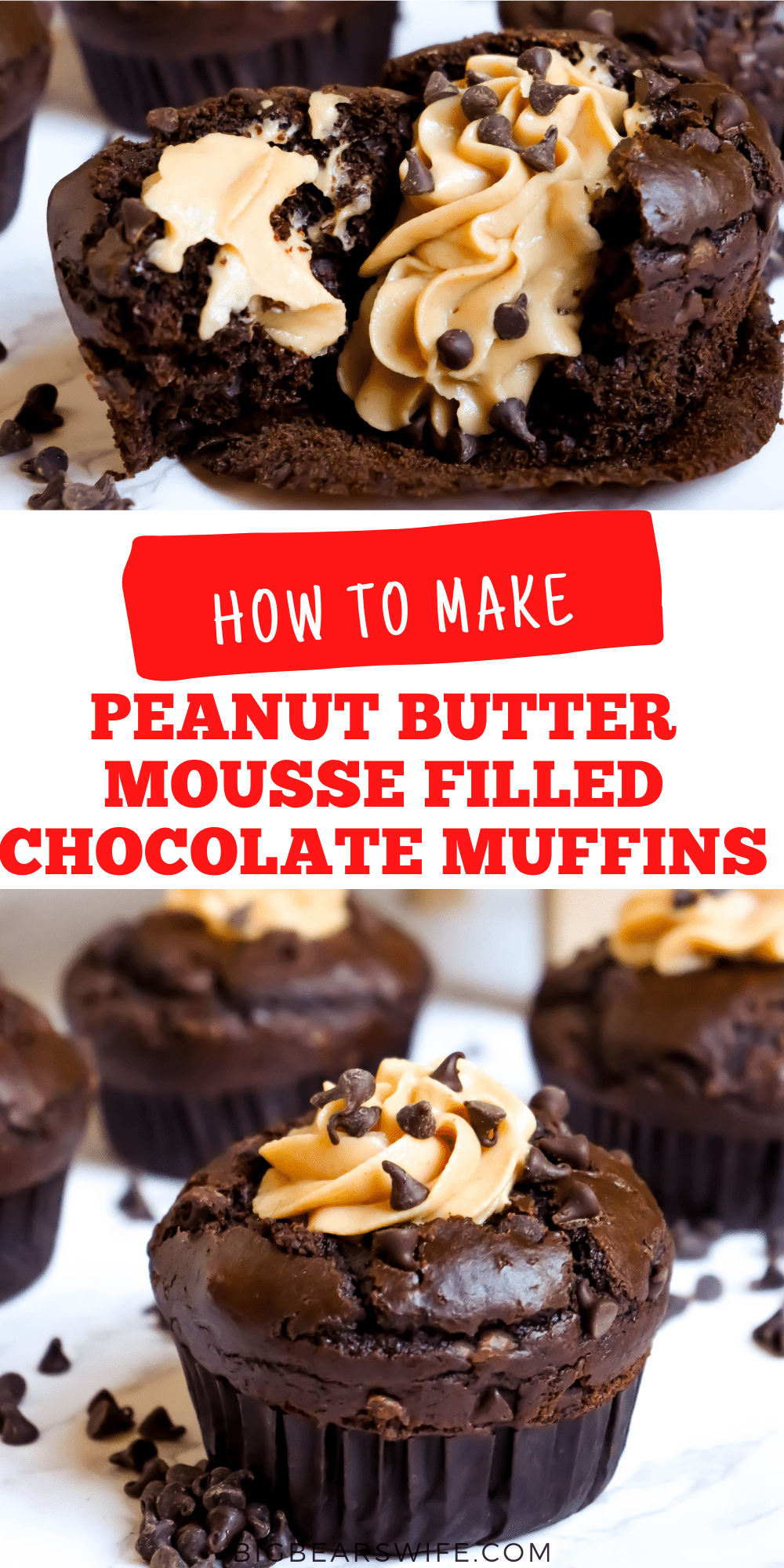 Peanut Butter Mousse filled Chocolate Muffins - Homemade chocolate muffins filled with an easy homemade peanut butter mousse are a welcome treat for breakfast, brunch, and (if you are lucky enough to have any leftover) dessert. via @bigbearswife