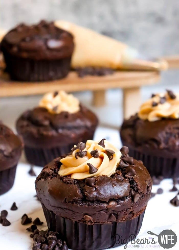 Peanut Butter Mousse filled Chocolate Muffins - Homemade chocolate muffins filled with an easy homemade peanut butter mousse are a welcome treat for breakfast, brunch, and (if you are lucky enough to have any leftover) dessert.