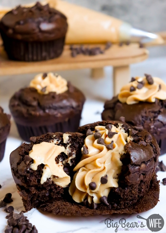 PEANUT BUTTER MOUSSE FILLED CHOCOLATE MUFFINS OPENED