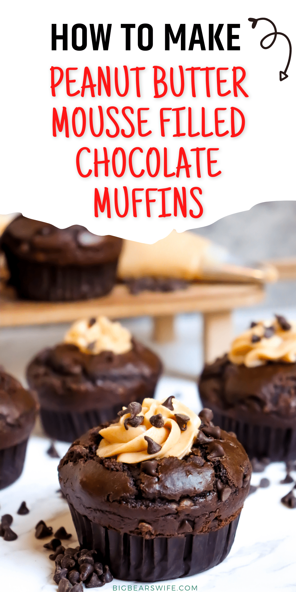 Peanut Butter Mousse filled Chocolate Muffins - Homemade chocolate muffins filled with an easy homemade peanut butter mousse are a welcome treat for breakfast, brunch, and (if you are lucky enough to have any leftover) dessert. via @bigbearswife