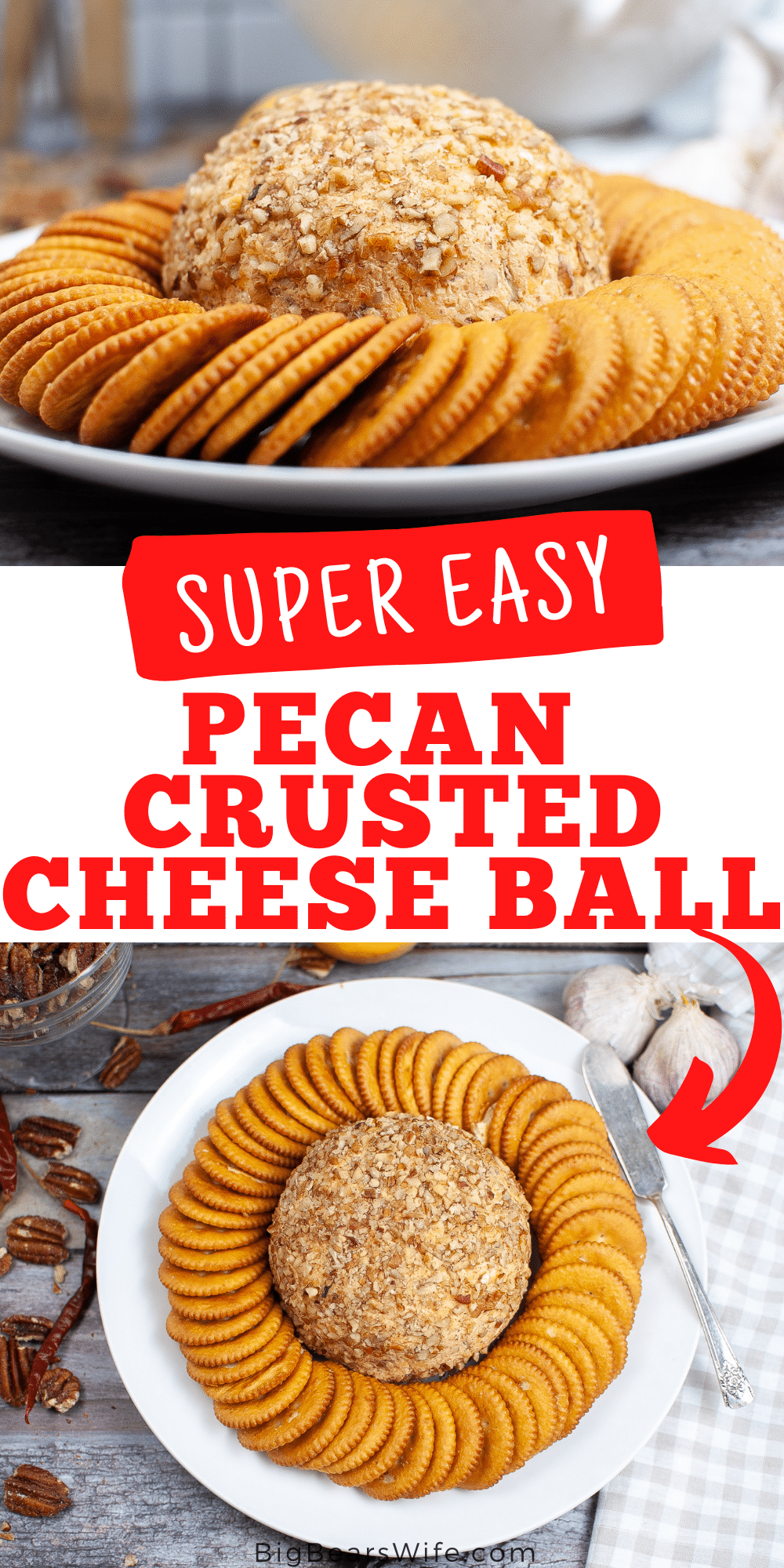 This tasty Pecan Crusted Cheese Ball recipe is perfect to make for a party appetizer, a early snack for Thanksgiving or an appetizer for a Christmas dinner! via @bigbearswife