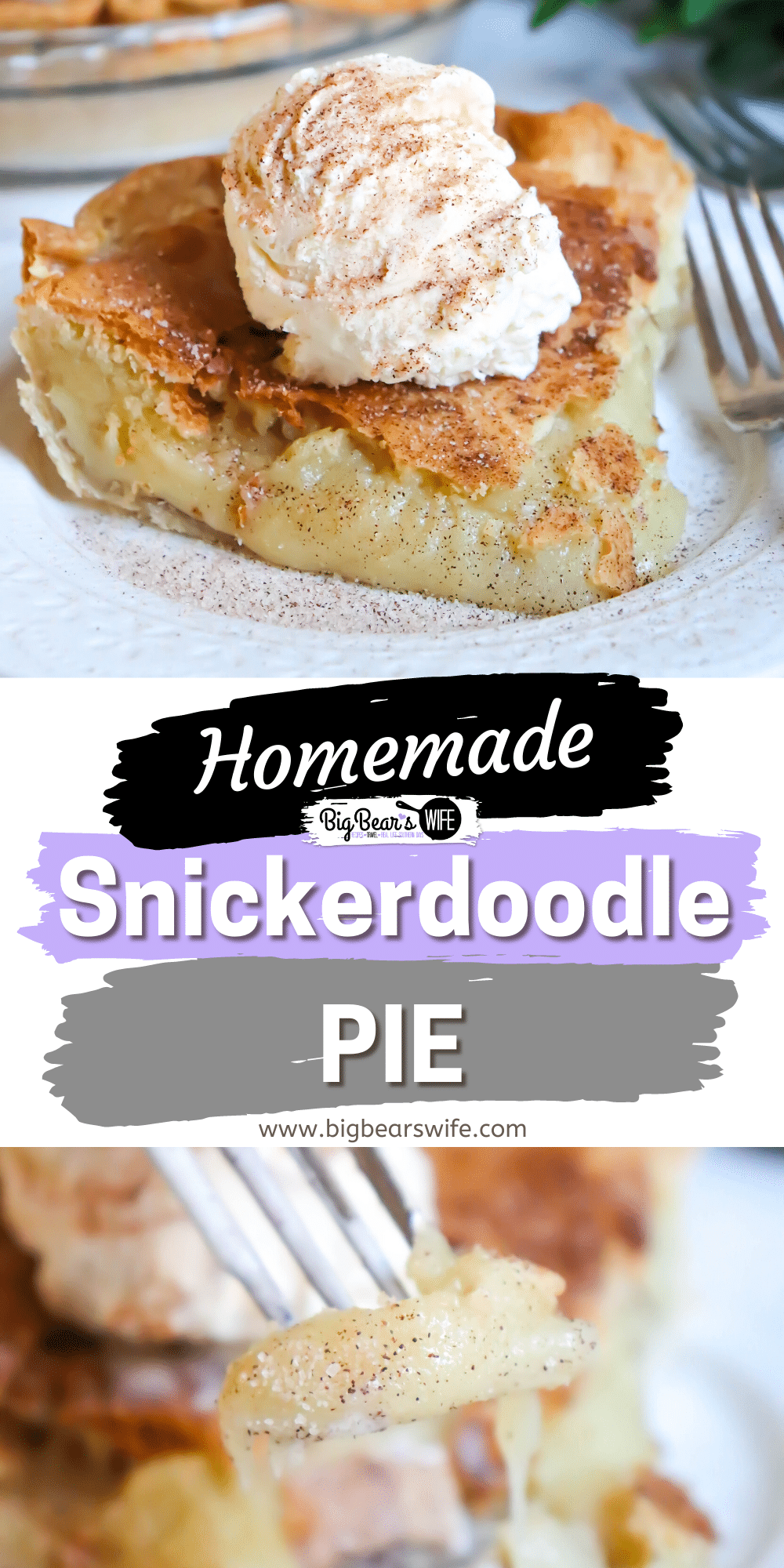 This Snickerdoodle Pie is the perfect cookie pie version of a classic snickerdoodle cookie. This buttery cookie, cinnamon sugar pie filling taste just like warm snickerdoodle cookie dough when warm or chill it for a firmer slice of pie! via @bigbearswife
