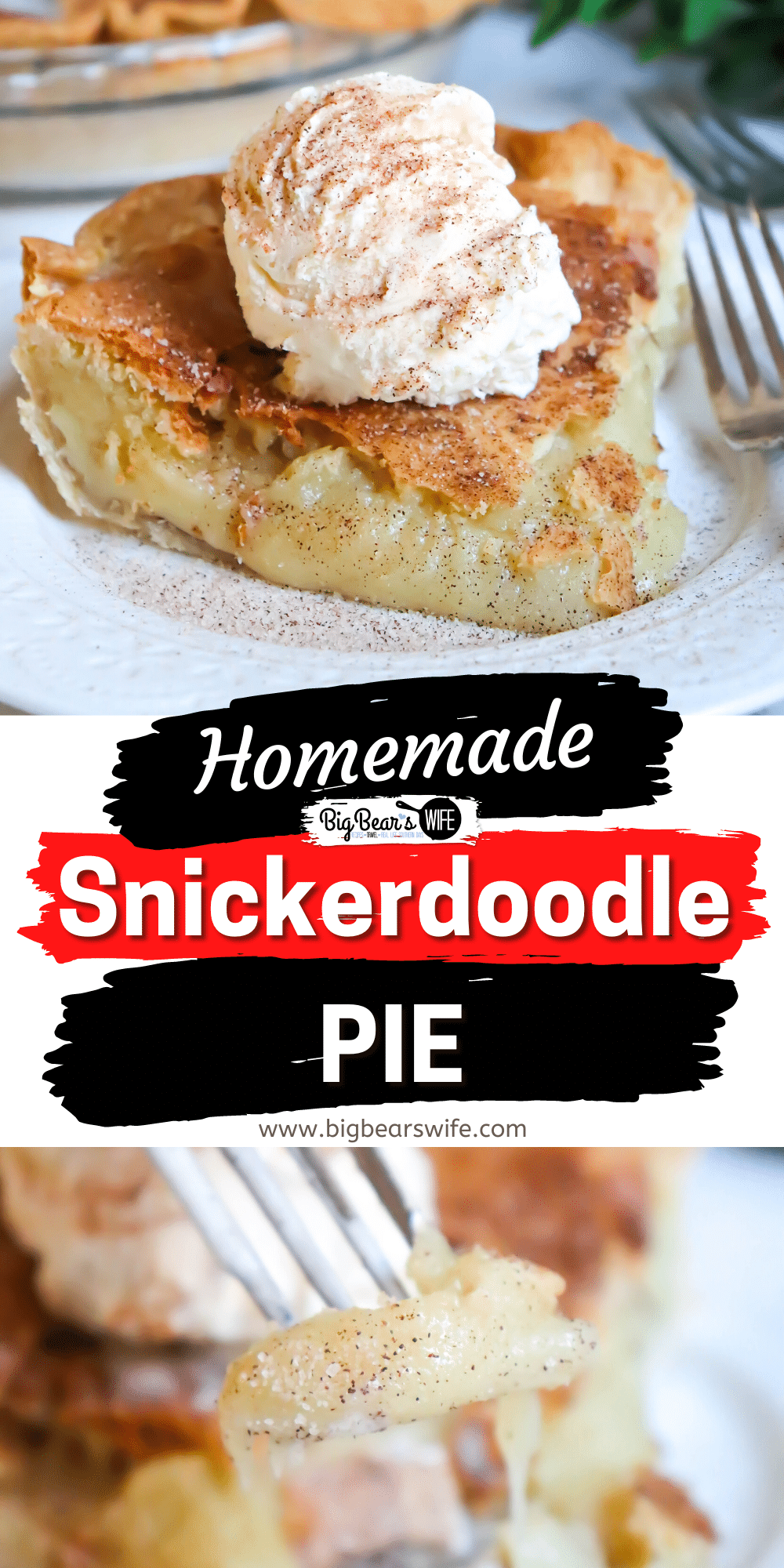 This Snickerdoodle Pie is the perfect cookie pie version of a classic snickerdoodle cookie. This buttery cookie, cinnamon sugar pie filling taste just like warm snickerdoodle cookie dough when warm or chill it for a firmer slice of pie! via @bigbearswife