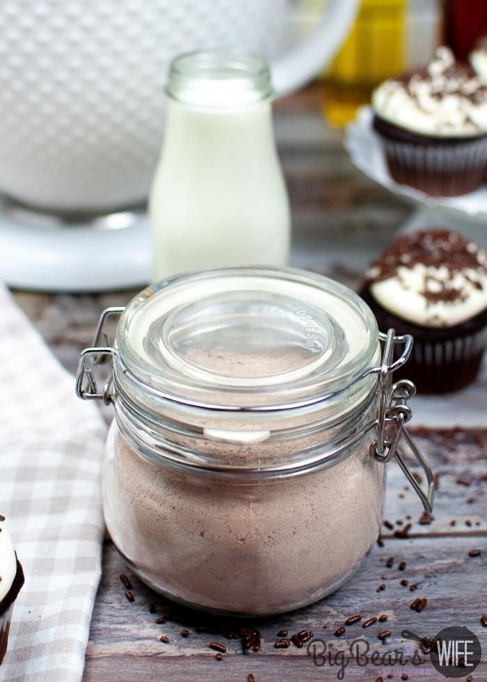 side shot of HOMEMADE CHOCOLATE CAKE MIX in glass jars