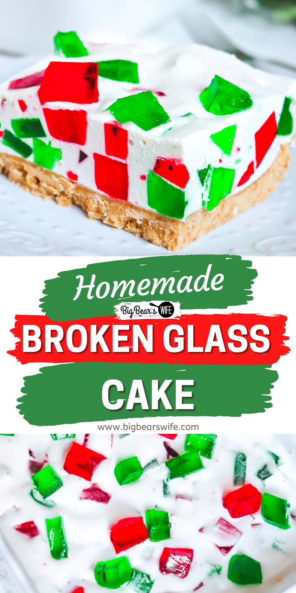 Creamy and Jiggly, this Broken Glass Cake Dessert looks like it has beautiful broken stained glass in every slice but tastes delicious! Beautiful Jell-O bits are "broken" throughout into this pineapple gelatin cake and resting on top of a sweet vanilla wafer crust! via @bigbearswife