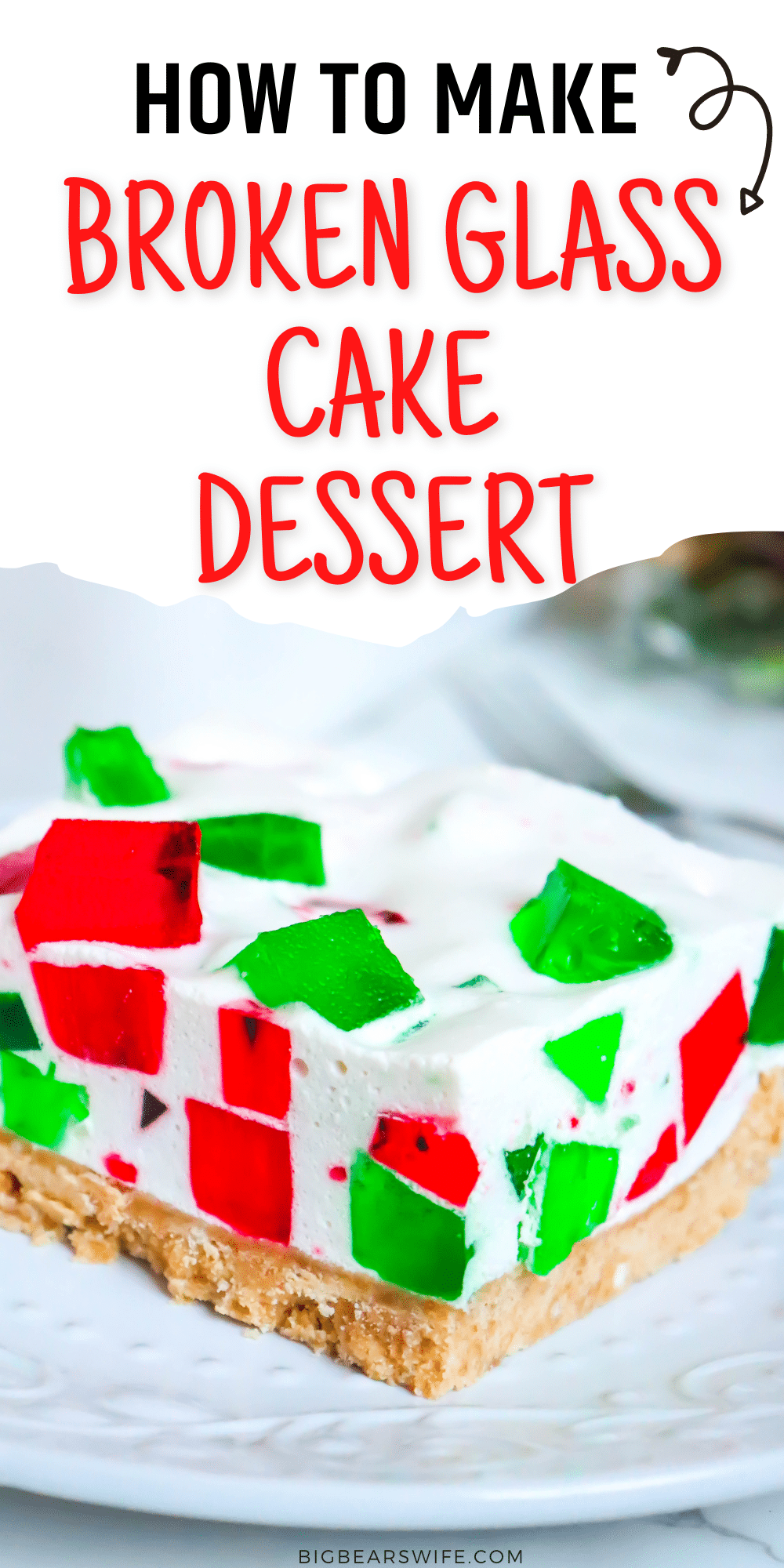 Creamy and Jiggly, this Broken Glass Cake Dessert looks like it has beautiful broken stained glass in every slice but tastes delicious! Beautiful Jell-O bits are "broken" throughout into this pineapple gelatin cake and resting on top of a sweet vanilla wafer crust! via @bigbearswife