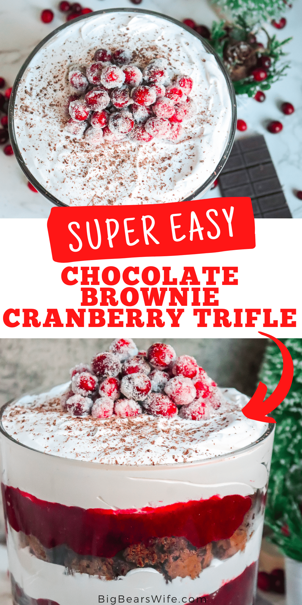 Chocolate Brownie Cranberry Trifle - A beautiful holiday dessert with layers of homemade brownies, homemade cranberry sauce and whipped topping will be one of your favorite treats this holiday season!  via @bigbearswife