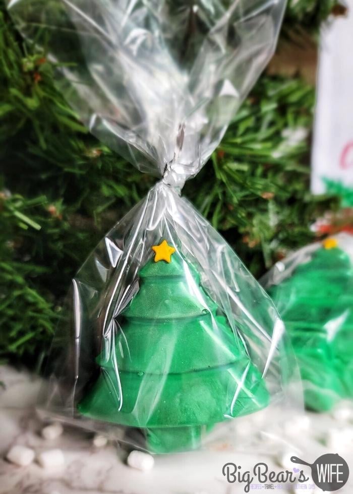 CHRISTMAS TREE HOT COCOA BOMBS packaged up in a clear bag for a gift