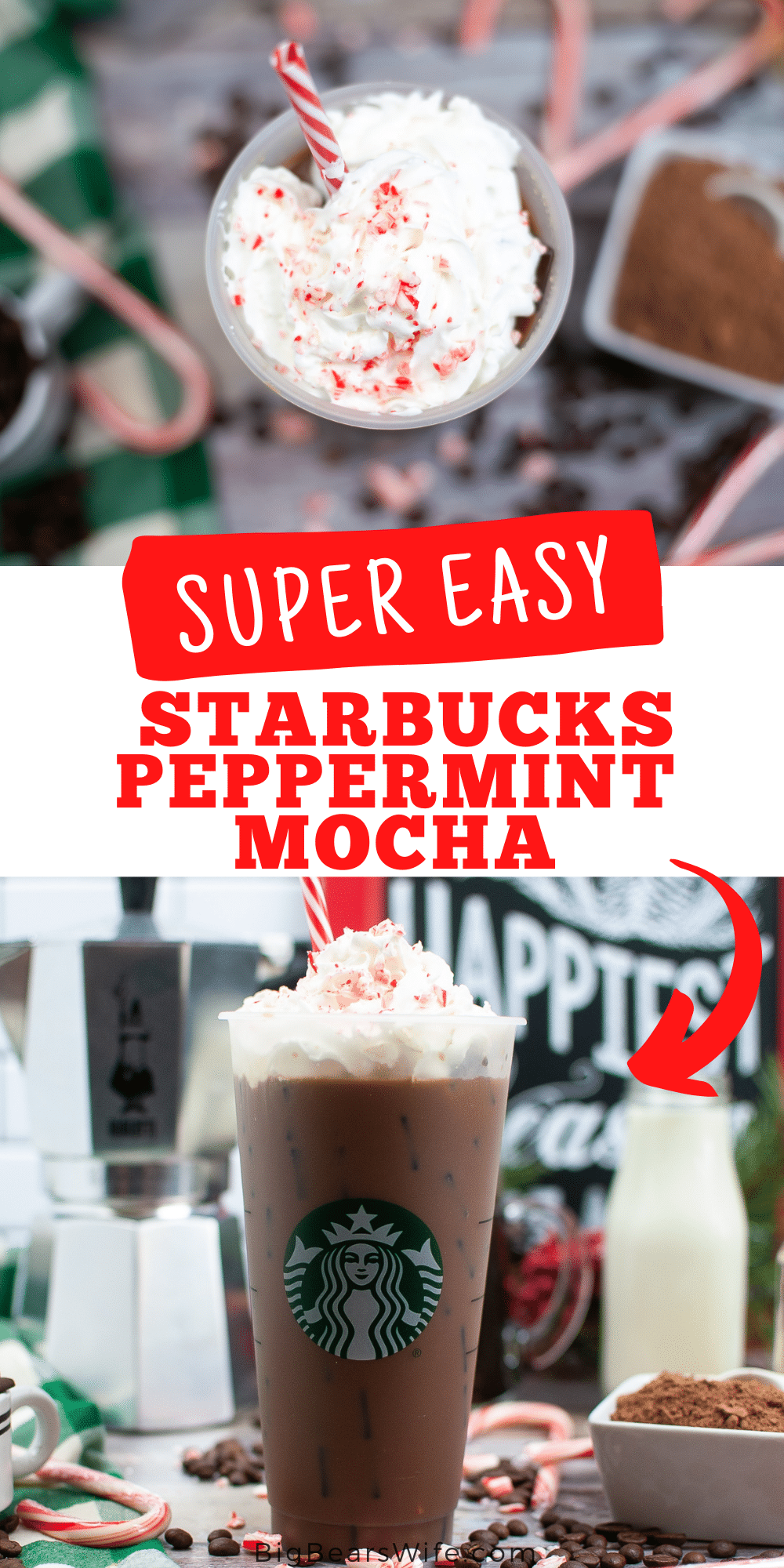 This tasty peppermint mocha is a homemade Copycat Starbucks Peppermint Mocha just like the one from the coffee shop! Espresso, cocoa, steamed milk and peppermint syrup come together to help make this class favorite!  via @bigbearswife